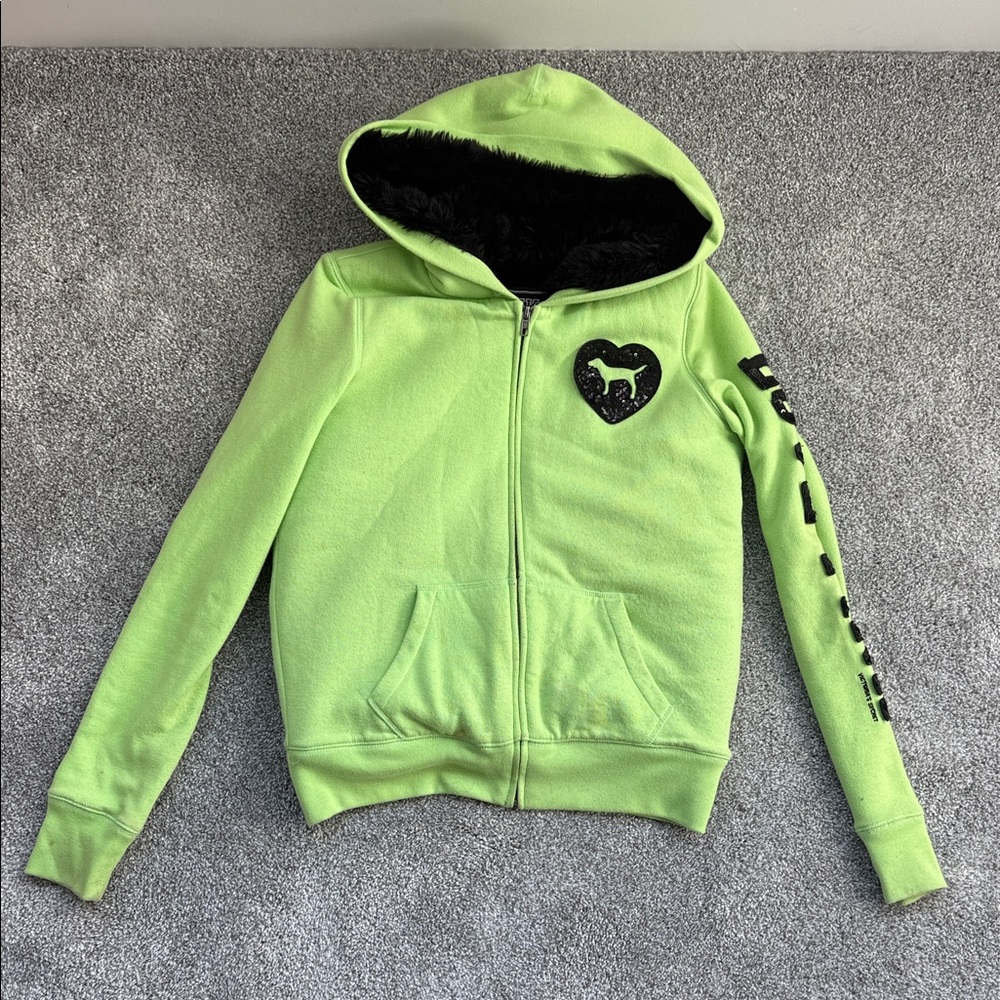 PINK Limited Edition Victoria's Secret Lime Green Hoodie with Black Fur Lining